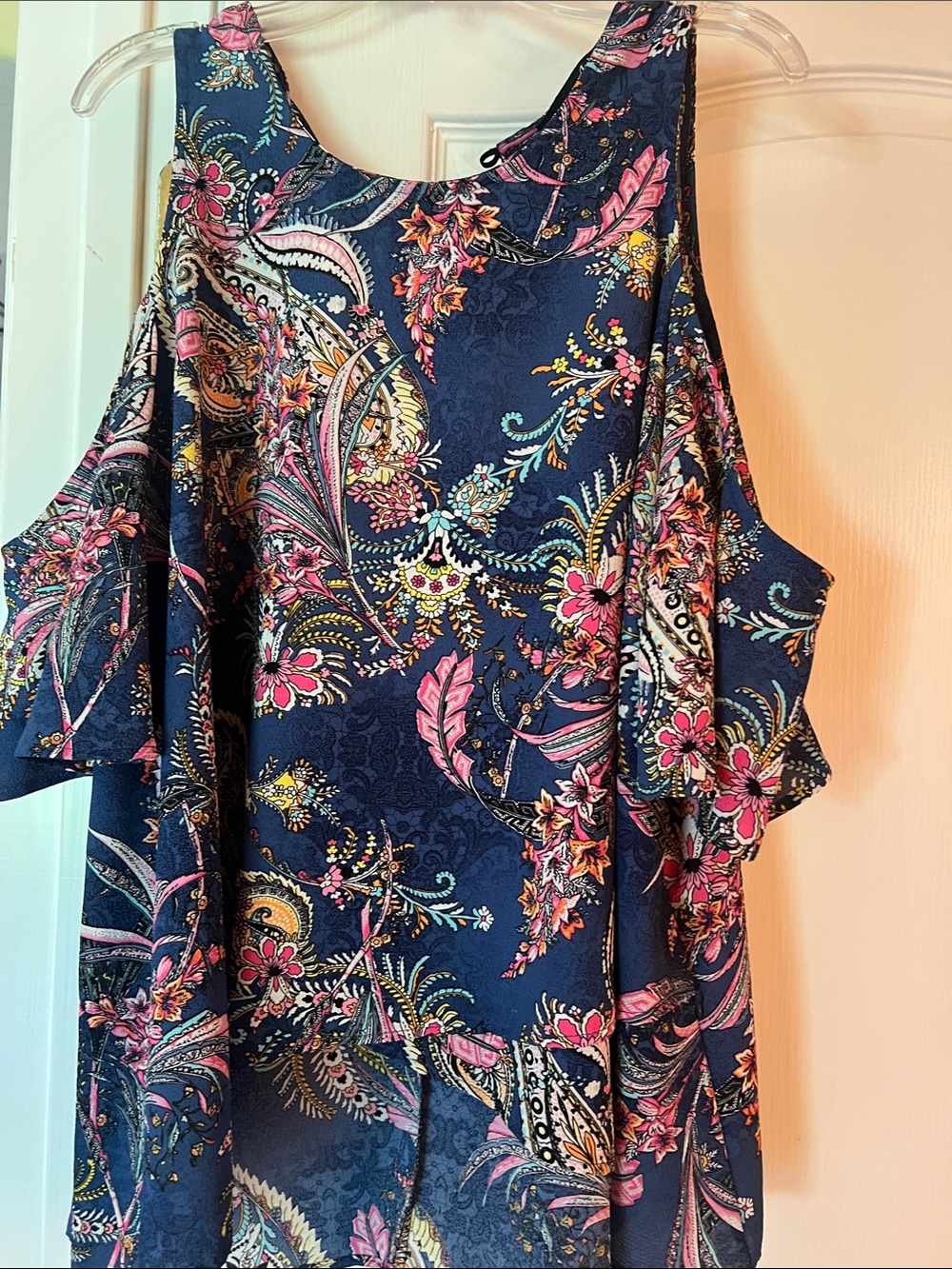 Ariella Navy Floral Cold-Shoulder Tank with Pink & Gold Accents